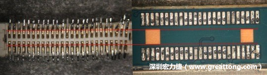 把板對板連接器與其電路板的佈線焊墊作一個(gè)比較，端子的切斷面有毛邊的地方剛好對到了裸銅區(qū)。