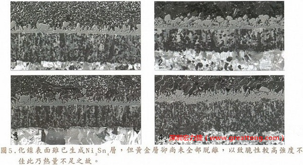 下面四圖顯示，當焊接的熱量不足或未持續(xù)時，雖然Ni3Sn4的薄薄IMC層已經(jīng)生成而焊牢，但也會因為AuSn及AuSn2還未來得及逸走，而停留在共金介面附近，當有外力拉扯的時候，就很容易斷裂開來。這就是為何ENIG的焊點強度，始終不如銅面焊點(Cu6Sn5)來得更為牢固的主因之一。