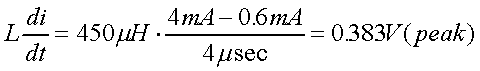 舉例來說，一個閘在"ON"而載有4mA的電流時，突然開關(guān)切到"OFF"且現(xiàn)在載有0.6mA的電流，假設(shè)開關(guān)時間為4msec，載有450mH的電感信號的導(dǎo)體，此時所產(chǎn)生的電壓突波為