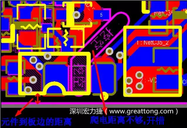 如果碰到模塊PCB空間有限，爬電距離不夠，可以采用開槽的方式