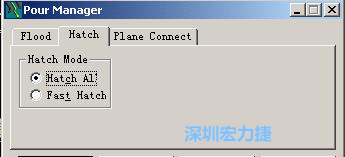 點(diǎn)擊工具欄File→Tools→Pour Manager調(diào)出下圖的覆銅菜單選擇Hatch，Hatch Mode則選Hatch All，按Start進(jìn)行覆銅