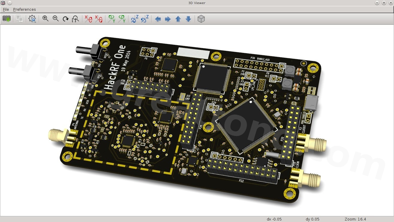 經(jīng)KiCad軟體3D功能渲染過(guò)的HackRF One電路板。