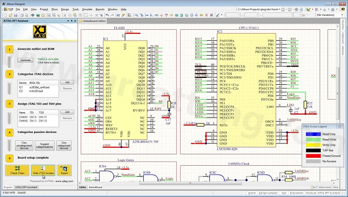 XJTAG DFT Assistant的Access Viewer模式可以清楚地顯示可用的測試存取層級(jí)，讓電路板設(shè)計(jì)人員在展開PCB布局以前的原理圖擷取階段盡可能地提高測試存取能力
