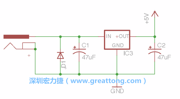 新增RBBB→Power_Jack，將它放在電壓調(diào)整器的輸入端旁邊。