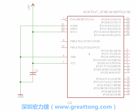 3.1.    新增微控制器晶片（RBBB → ATmega），把它放在電路原理圖的中央附近，把它的兩個接地接頭連接到接地訊號端。