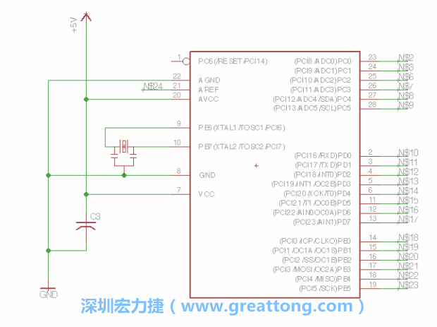 3.3.    將共鳴器（resonator）放置在針腳9和針腳10附近，將它的三個針腳連接如圖所示，并確認最中間的針腳有連到接地端。