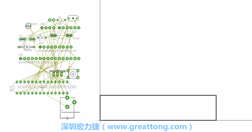 第一次執(zhí)行布線編輯器時，你會發(fā)現(xiàn)有兩個區(qū)塊，左邊的區(qū)塊非常混亂，而右邊的區(qū)塊則是一個長方形的工作區(qū)域，EAGLE免費版會限制你的工作區(qū)域在4” x 3.2”的范圍內(nèi)，如果你試圖將元件擺放在工作區(qū)外的話，就會跳出警示訊息。