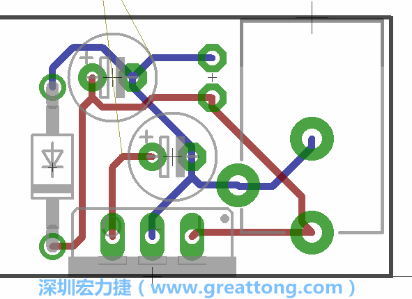 接地連結(jié)點的布線情形如下圖所示，利用這個練習來避免電路連線銳角化的產(chǎn)生是一個不錯的選擇，你可以在工具列中的彎曲線路（Wire Bend）選項里改變各種布線的變化。