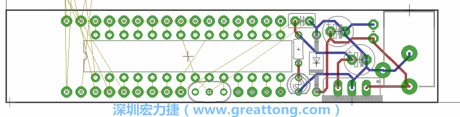 將ATmega微控制器、三個GPIO排針（JP2, JP3, JP4）和諧振器（resonator）排置如上圖所示。