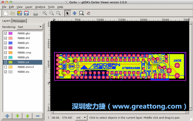 將圖層匯入你的Gerber預(yù)覽工具內(nèi)（下圖為Gerbv），我通常會(huì)從上到下重新排列它們的順序，好讓我比較好校對(duì)：
