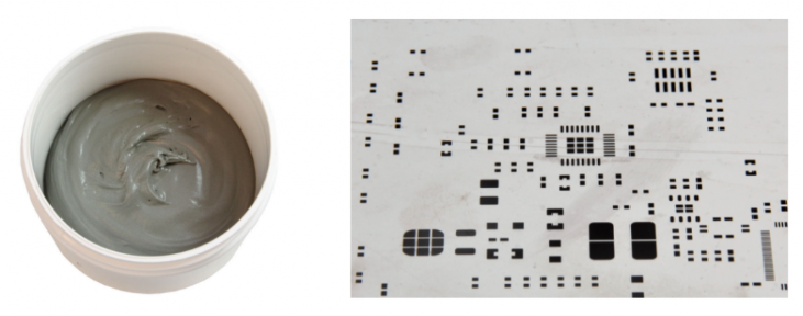 焊膏（左），PCB模板激光切割孔（右）